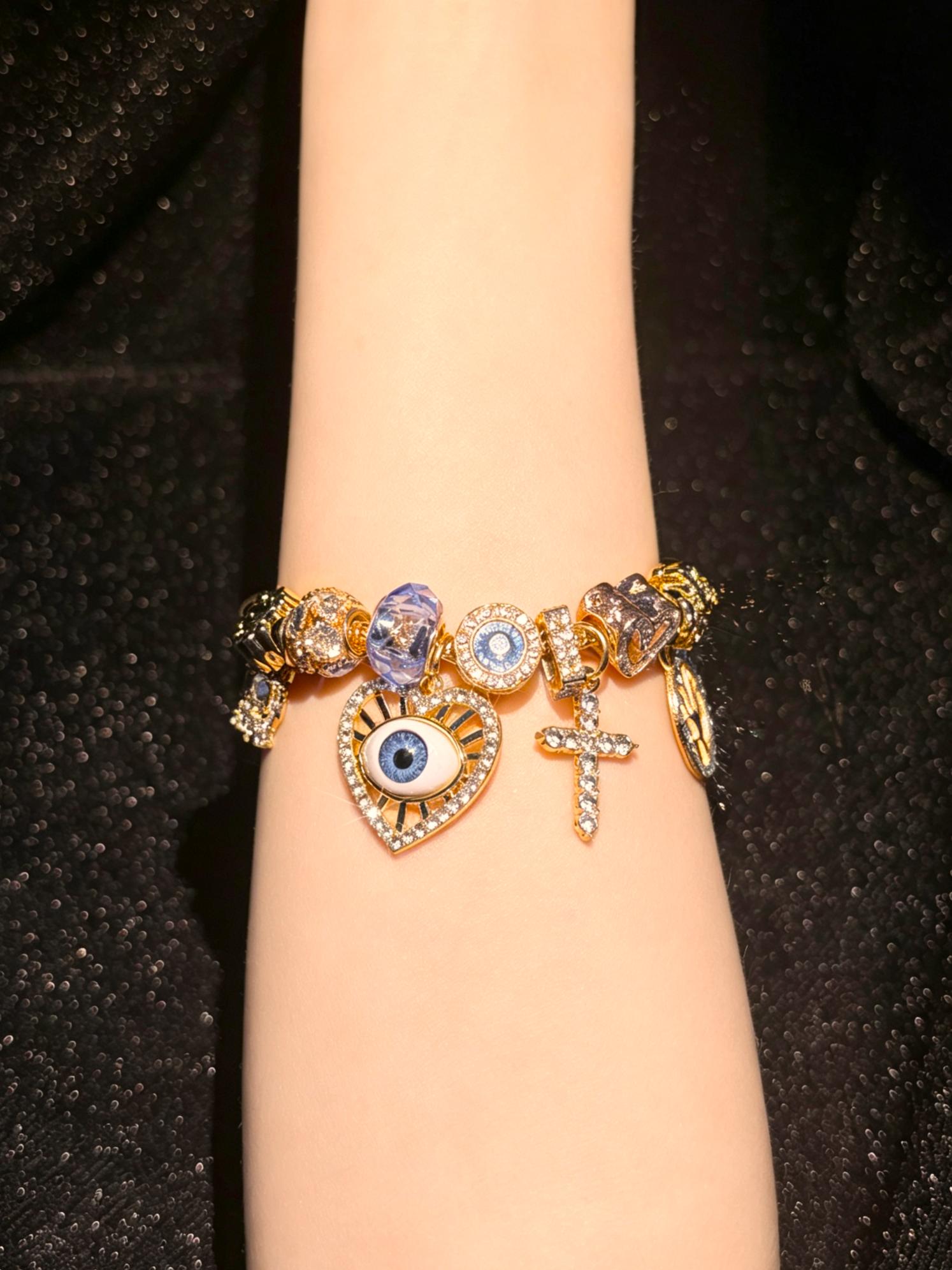 Evil-Eye Cross Tree-of-Life Multi-Charm Enamel Snake Chain Bracelet, Stackable Fashion Costume Jewelry Gift for Women