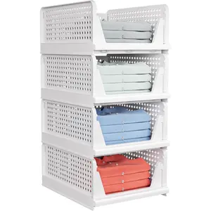 4-Pack Stackable Wardrobe Storage Baskets - Stackable Storage Bins, Multifunctional Foldable Wardrobe Storage Racks, Wardrobe Cabinet Space-Saving Clothing Storage Hat Storage Racks, White