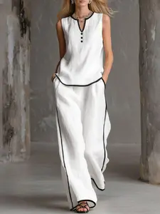 ZANZEA Women's European Style Minimalist Casual Button V-Neck Sleeveless Top, Loose H-Type, Colorblock, Pockets, Long Wide Leg Pants, Elastic Waist, Two-Piece Set, Womenswear