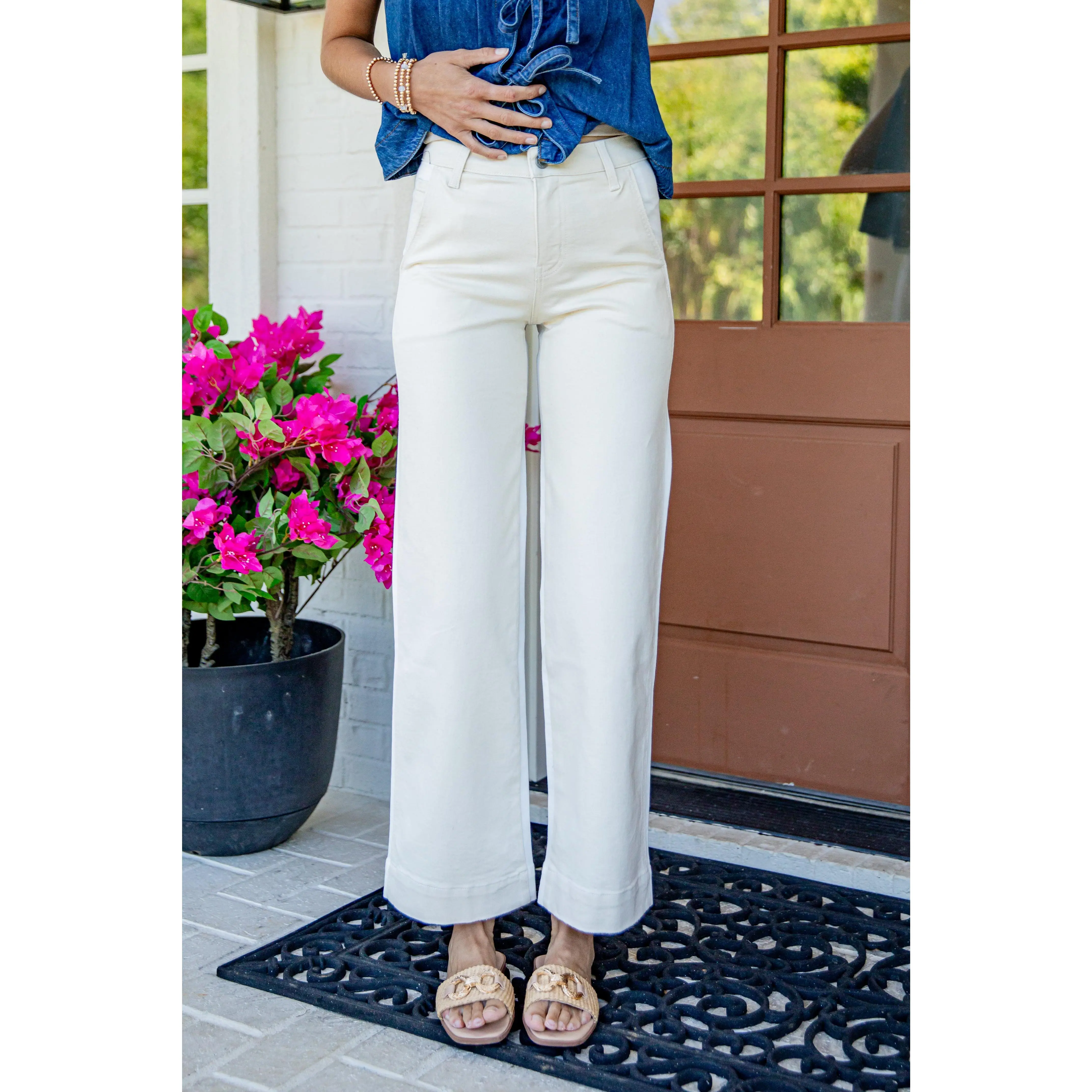Trisha Cream High-Rise Wide Leg Jeans