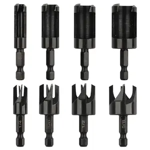 8 Pack Wood Plug Cutter Drill Bit Set, Straight and Tapered Taper Cutting Tool 1/4", 5/8", 3/8", 1/2", 1/4 Inch Hex Shank, Black
