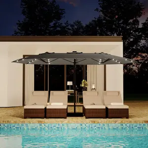 GARVEE 15 Ft Large Patio Umbrella with Solar Lights, Double-Sided Rectangle Umbrella with Base, Outdoor Umbrella for Backyard, Pool, Patio, Grey