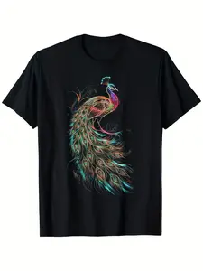 Men's Black Peacock Feathers T-Shirt - 180g Heavyweight Oversized Cotton Tee with Vibrant Peacock Print, Breathable Casual Shirt for Wildlife & Bird Lovers, Machine Washable Retro Round Neck Top