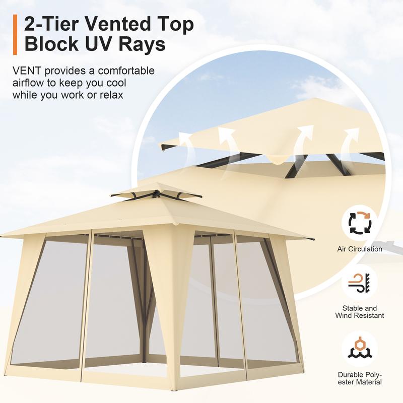 Gazebo, 11.5x11.5 Patio Gazebo Waterproof Canopy Tent UV-Resistant 2-Tier Top Sturdy Outdoor Canopy Tent for Camping with Mosquito Netting for Garden Patio Backyard