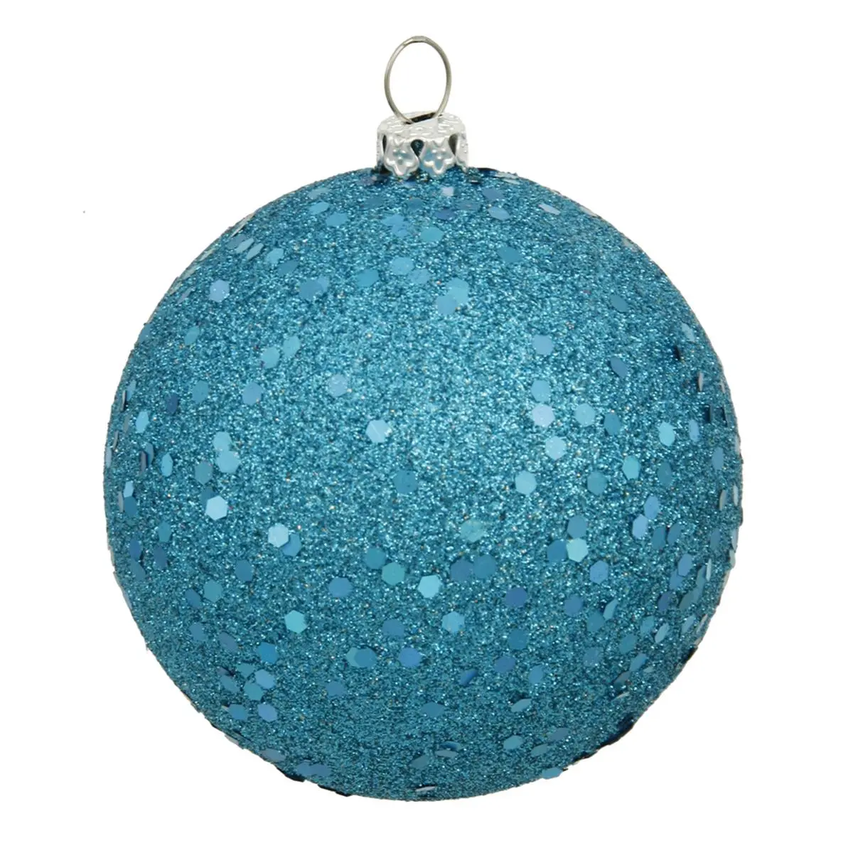 212 MAIN 4 in. Modern Turquoise Sequin-Look Plastic Round Hangable Christmas Ornament, Holiday Decor - 6 Pieces per Bag