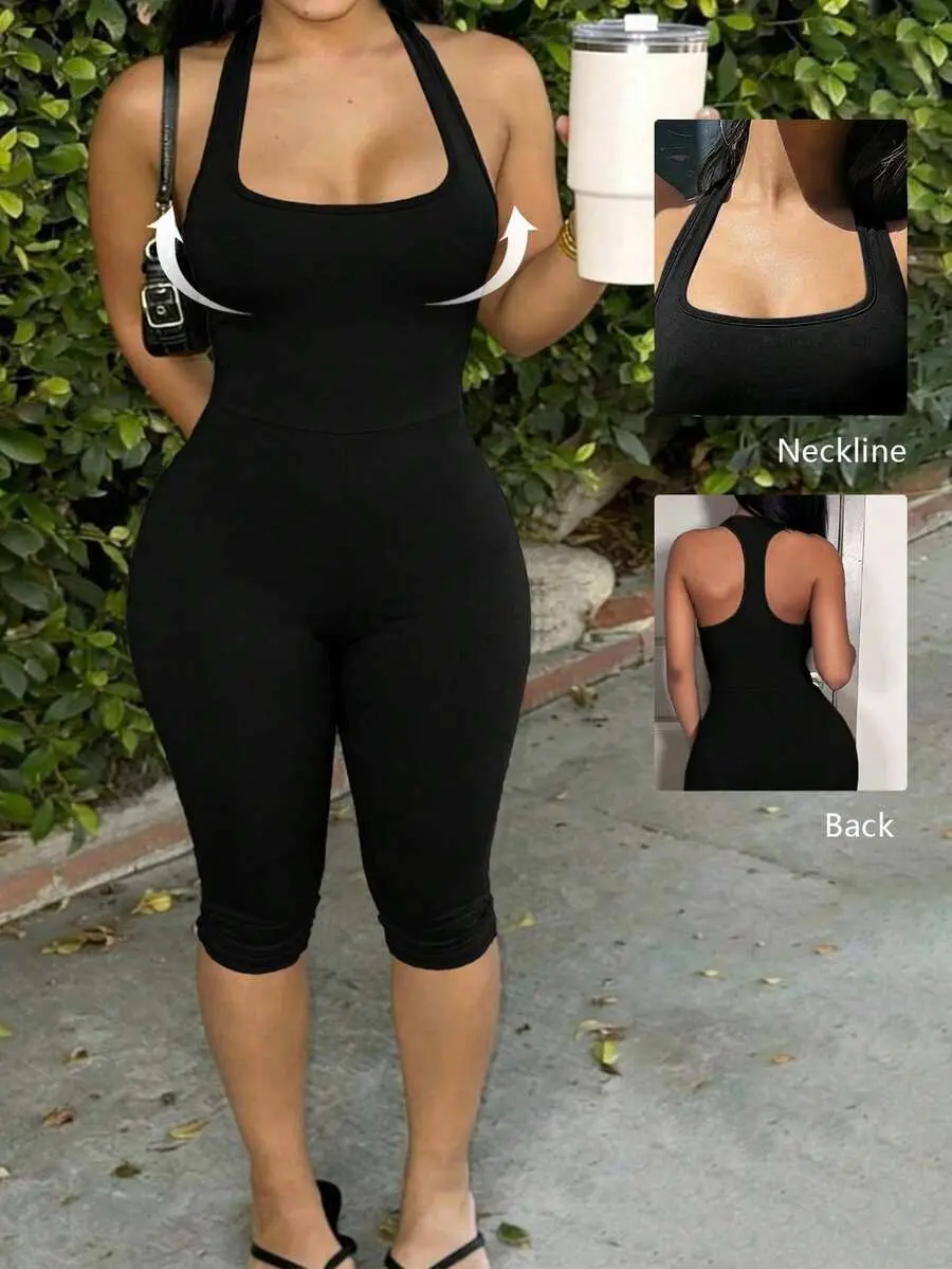 Women's Summer Casual Work Tight Jumpsuit, Y2K Street Sweet U-Collar I-Shaped Vest Slim-Fit 3/4 Pants, Style Sporty Basic Bodysuit