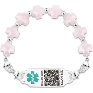 Rose Quartz QR Code Medical Alert Bracelet Scan to Edit Medical Info No Custom Info Required Greek Cross Beaded Emergency ID Bracelet for Women Stainless Steel