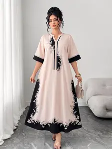 Plus Size Floral Print Casual Button Dress, Elegant Half Sleeve Long Dress, Comfortable and Stylish, Perfect for Daily Wear and Holidays