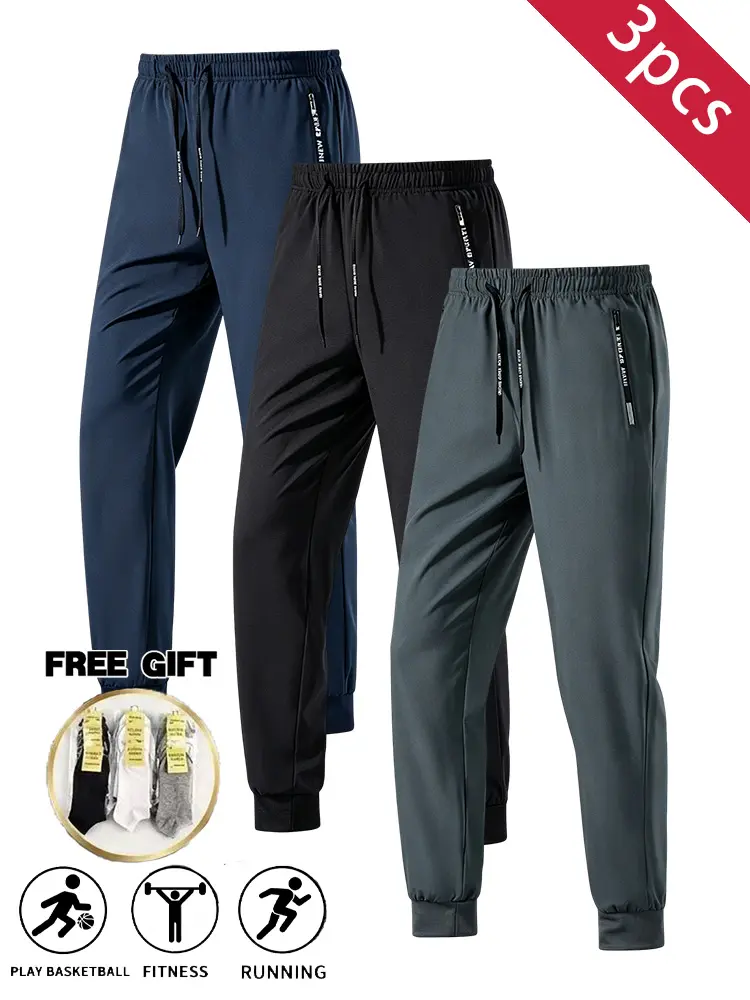 3PCS Men’s Summer Lightweight Ice Silk Jogger Pants, Elastic Drawstring Quick-Dry Casual Long Pants, Breathable Elastic Waist Sport Pants, Versatile for Basketball, Fitness, Outdoor Activities, and Commuting, Free Socks Included