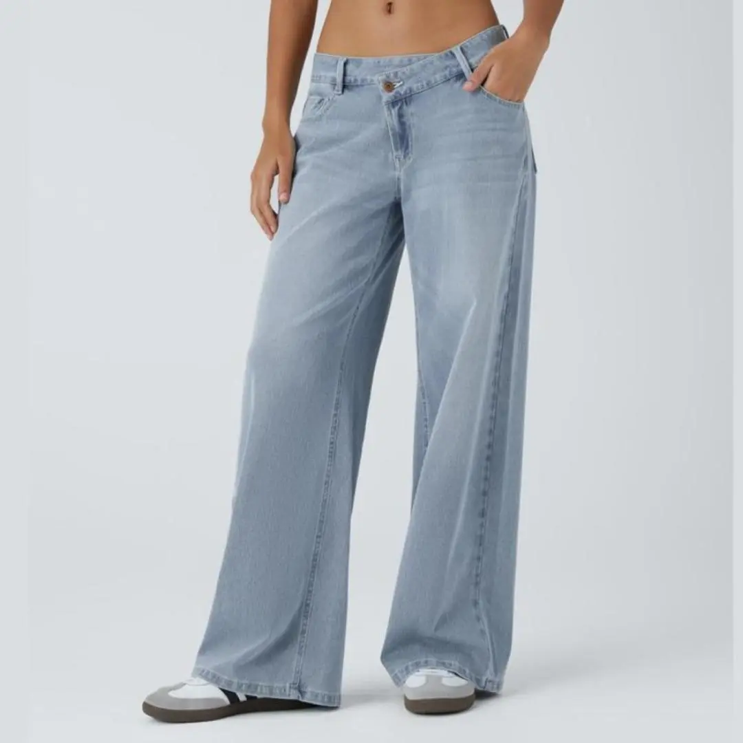 Asymmetric Low Rise Zipper Pockets Baggy Wide Leg Washed Casual Jeans Low Waist Breathable summerwins 2026