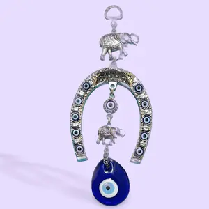 8-in Good Luck Elephant Motif Hanging Amulet with Horseshoe & Protection Symbol, Home Decor Religious Good Luck Charm