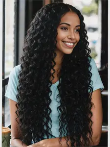 Black Curly Lace Front Wig 13x4 HD Transparent Lace 28" Deep Wave Heat Resistant Synthetic Hair Pre-Plucked Natural Hairline Free Parting for Daily Wear Fluffy Synthetic Wigs