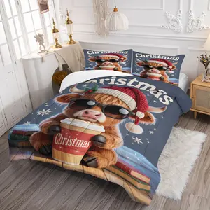 Christmas Atmosphere Print Bedding Set, Includes 1 Quilt and 1/2 Pillowcases, Scottish Highland Cow Bedding, Home Decor