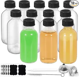 12-Pack 2oz Glass Bottles with Lids - Leakproof 60ml Decorative Boston Round Shot Bottles with Funnels, Brush, Chalk Marker, Labels for Ginger, Juice & Vanilla Extract - Mini Travel Size