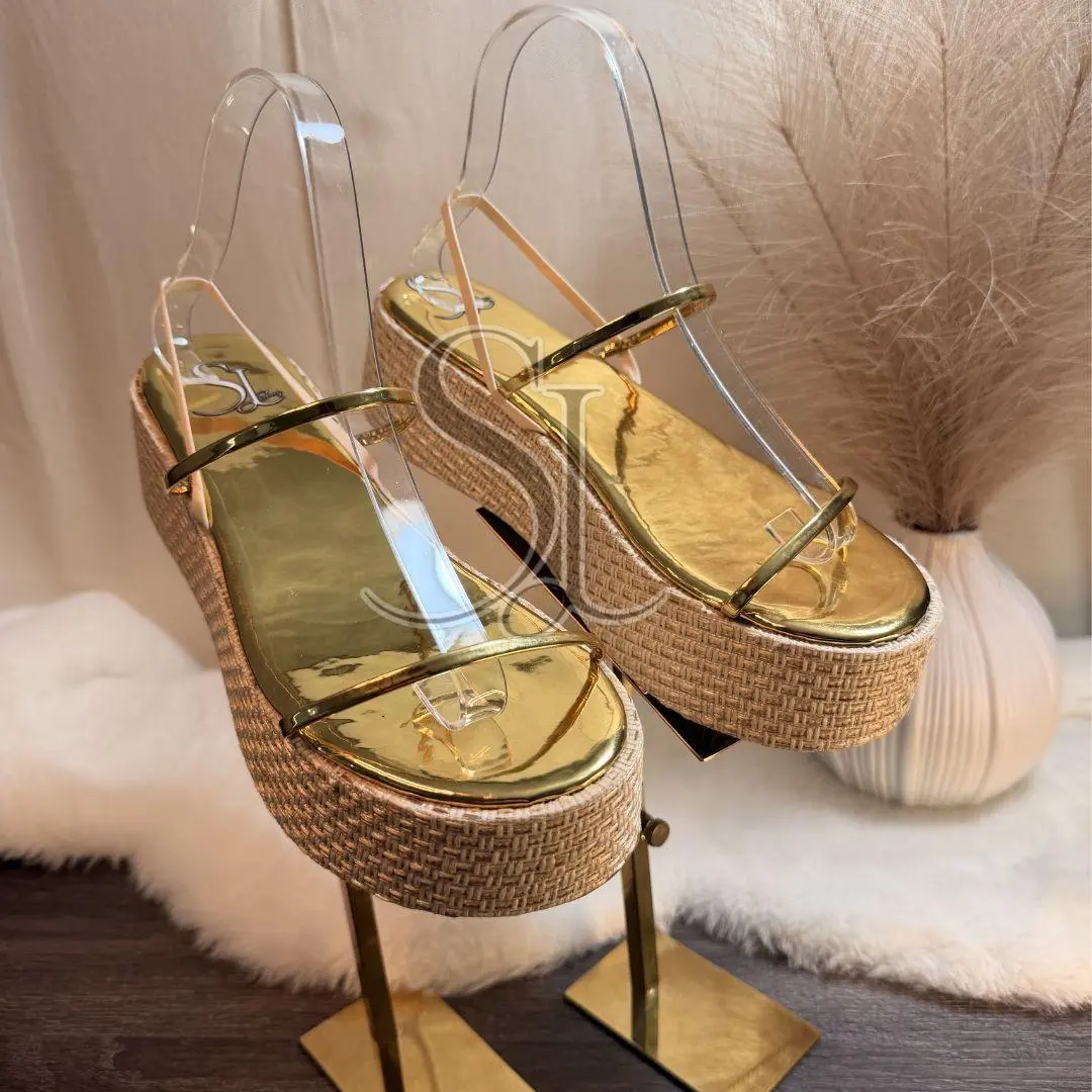 LIRASH Sandal,5cm high ,Jute platform with golden sparkh and golden strap bra