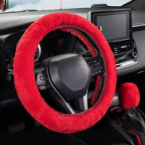 Furry  Steering Wheel Cover with  Gear Shift Cover Soft Warm Non-Slip  Decoration for Women Girls 2 count Set, Red