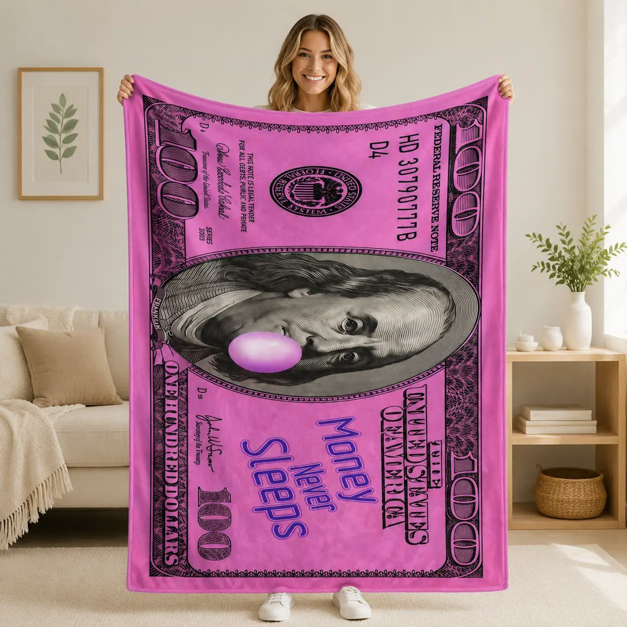 Pink Money Print Throw Blanket, Trendy Street Style Fleece Blanket, Unique Dollar Inspired Design Soft Cozy Blanket for Bedroom Sofa Couch Decor, Aesthetic Room Accessories Gift for Teens Adults