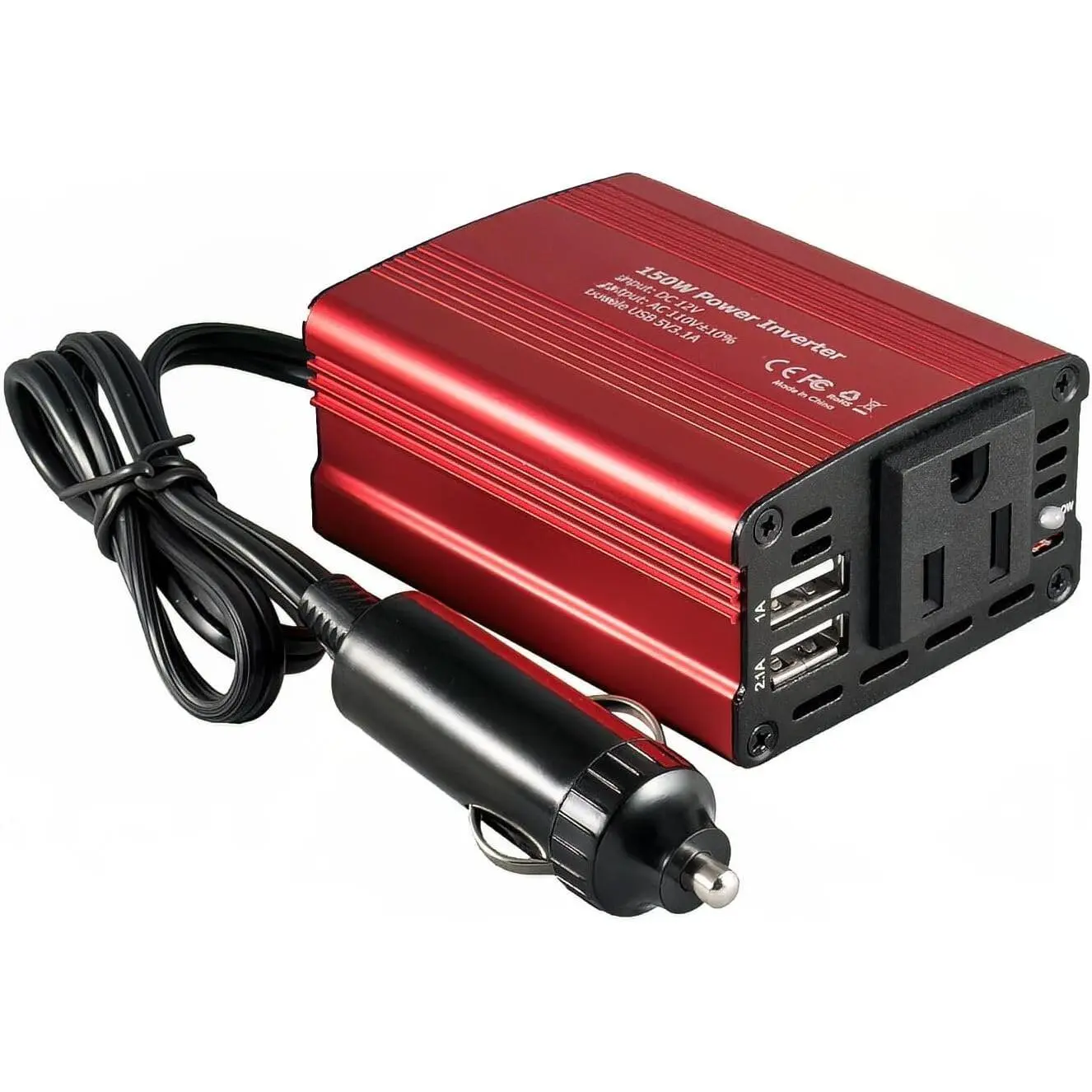 150W  Power Inverter 12V DC to 110V AC Converter  Adapter Plug Outlet with 3.1A Dual USB  Charger for Laptop Computer (Classic Red)