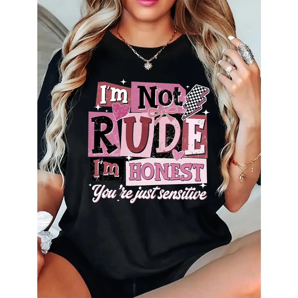Women's Vintage Graphic T-Shirt with "I'm Not Rude, I'm Honest" Slogan, Casual Short Sleeve Loose Fit Cotton Tops, Seamless