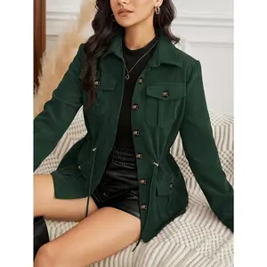 Women's Casual Olive Green Jacket - Long Sleeve, Button-Up Front, Flap Pockets, Lightweight Polyester, Perfect for Spring & Fall, Stylish Layering Piece, Spring Outerwear