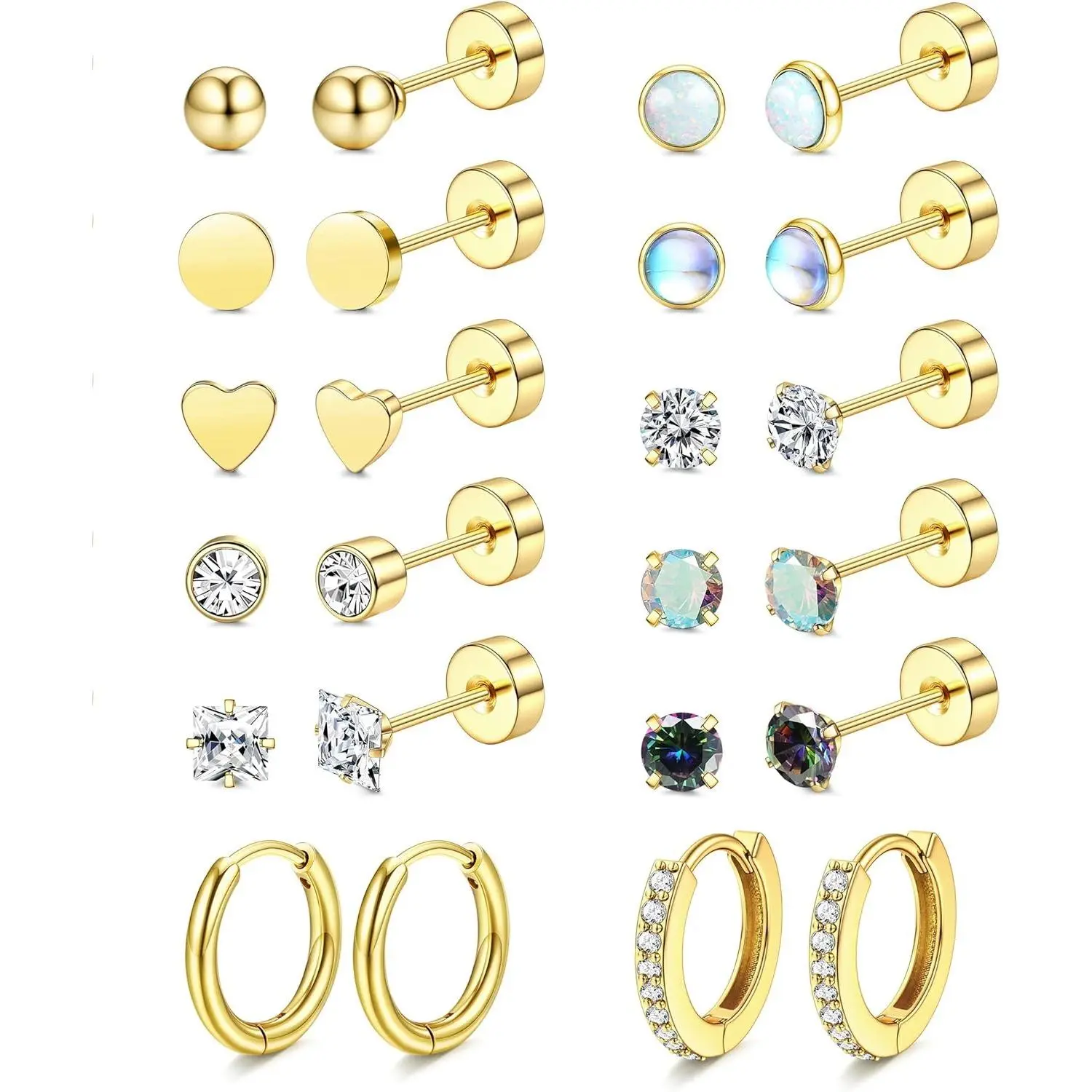 CASSIECA Women's 20G Surgical Steel Flatback Studs Earrings - Hypoallergenic Stackable Silver-Toned Metal Earring Sets for Multiple Piercings, Sensitive Ears & Daily Wear, Earring Sets For Multiple Piercing