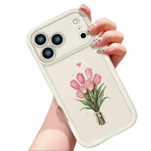 Cute Pink Tulip Bouquet Pattern Design Phone Case for iPhone 17 16 15 14 Pro Max 13 12 11 XR XS Plus Air Slim Shockproof Anti Scratch TPU Protective Cover Romantic Floral Aesthetic Phone Accessory