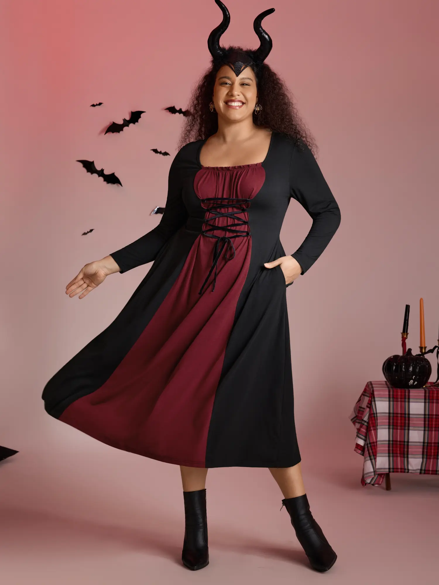 BLOOMCHIC Women's Long Regular Sleeve Stretchy Knit Fabric Midi Dress - Square Neck, Frill Trim, Contrast Design, Casual-Cocktail Wear Casual Dresses