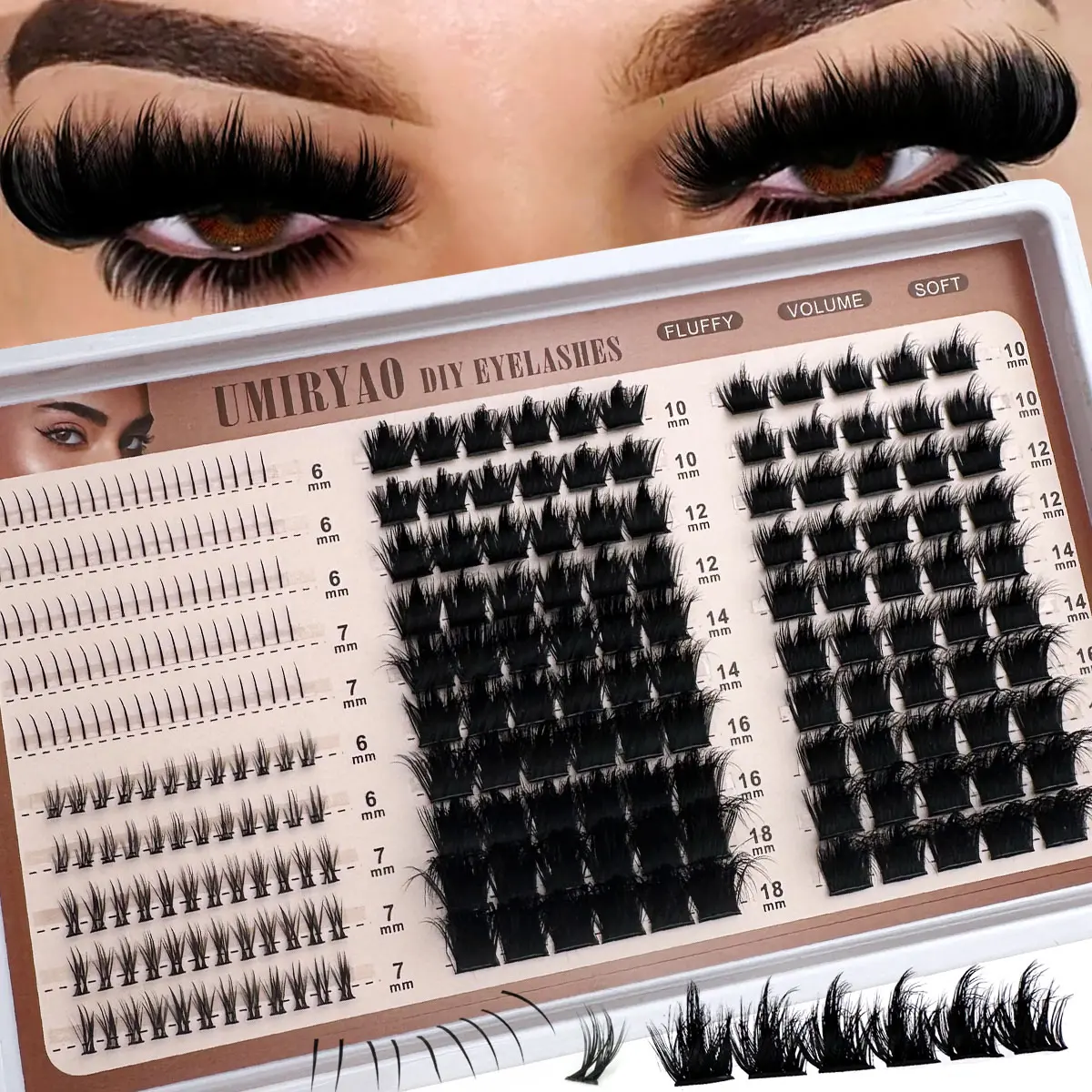 UMIRYAO 4-in-1 Synthetic Fiber Cosmetic Makeup Lash Clusters - Spikes + Bottom Lashes, 300D/200D/160D/100D/60D Fluffy Thick Mixed, D/DD Curl, 6-18MM, 270Pcs/320Pcs/350Pcs Individual Extensions, Various Sets for Cosplay