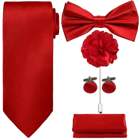 Unisex Luxe 5Pcs Boxed Luxury Bow Tie Sets - Polyester Satin Yarn Dyed Solid Necktie, Bow Tie Front, Pocket Square, Lapel Pin, Cuff Links for Ceremony, Daily Use