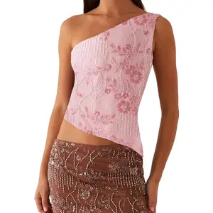 Women's Sequin Tank Tops Solid Stylish Sparkly Glitter Off One Shoulder T-Shirt for Summer Womenswear Flower Lace Cami Outfit Sleeveless Basic Minimalist Multi-Color Short