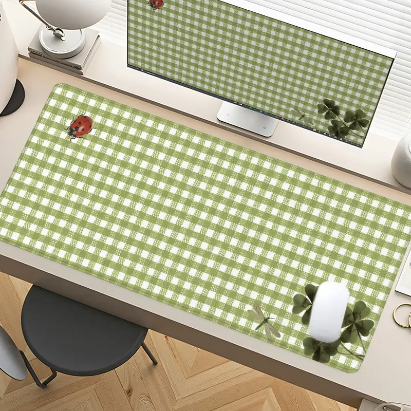 Green Checkered Ladybug Pattern Mouse Pads Gaming Mouse Pad Extended Mouse Pad Computer Desk Mat with Non - Slip Rubber Base Stitched Edges Surface, Vintage Picnic - Like Design for PC Gamers, Office Workers & Home Use