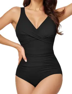 Women's One Piece Swimsuits Tummy Control Bathing Suits for Women V Neck Criss Cross Ruched Push Up Slimming Swimwear