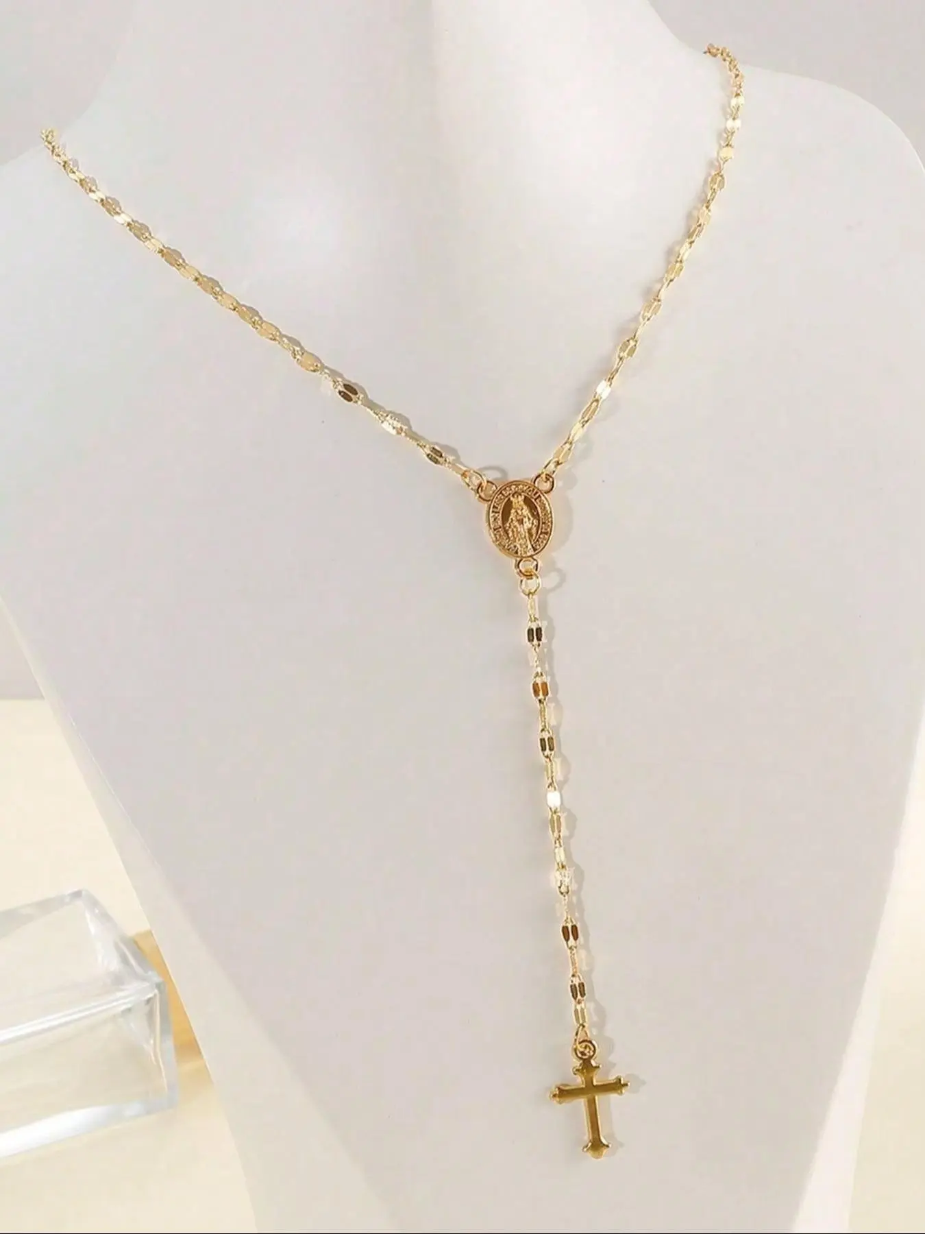 Vintage Virgin Mary Cross Geometric Pendant Long Necklace Sexy Flat Byzantine Chain Body Chain, Elegant Perfect Gift for Women for Romantic Valentine's Day, Parties, Anniversaries and All Seasons