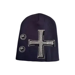 SEVENTH STAR Unisex Archive Knit Beanie, Navy Blue Rhinestone Hat with Signature Crystal Decoration, Rhinestone Hats