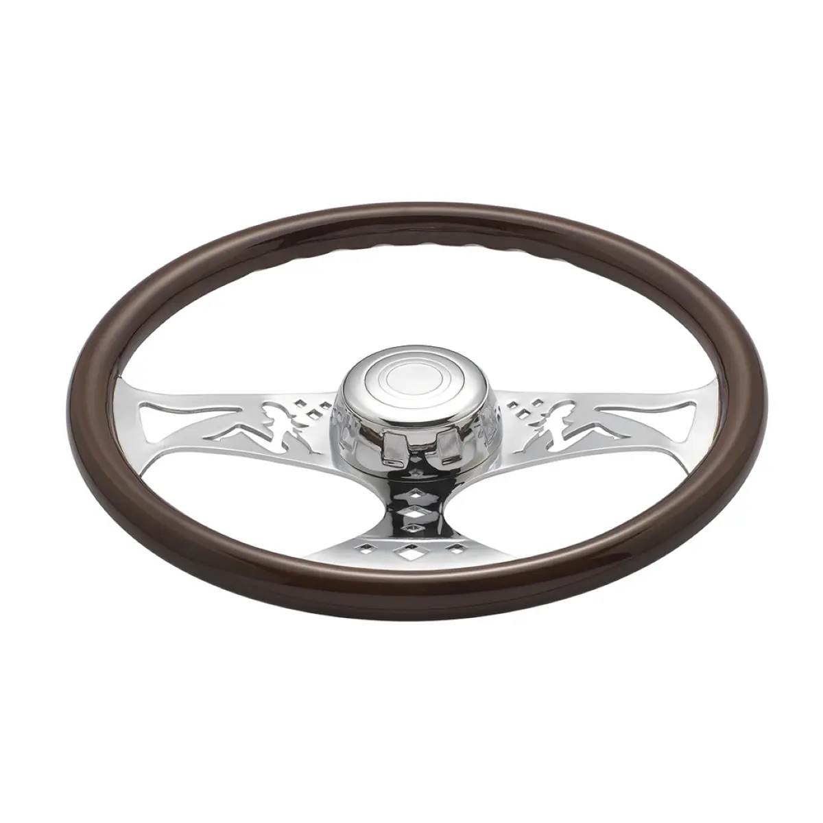 18" Woodgrain Lady Steering Wheel with Chrome Horn Bezel, Horn Button, and Universal Fit Woodgrain Trim
