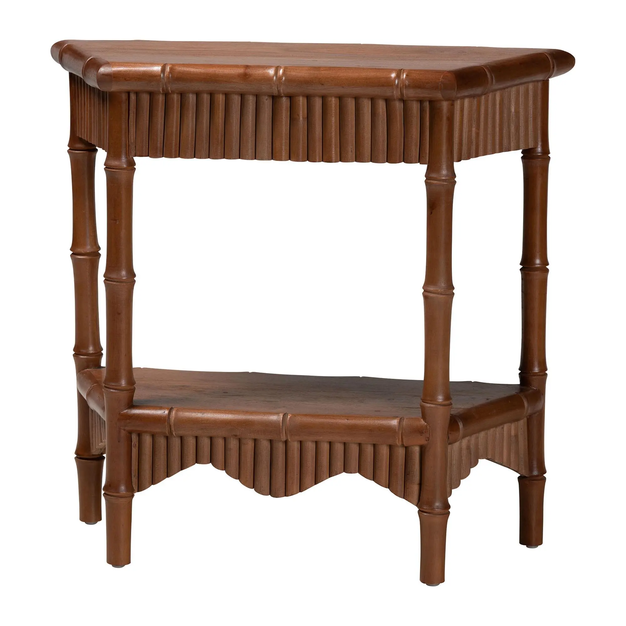 bali & pari Alessa Tropical Fully Assembled Mahogany Wood Console Table - Fluted Wood Accent, Bamboo Carvings, 2-Tiered Display, Decorations on Tabletop, Wooden Work Surface Living Room Indoor Furniture (32 in), Fluted Wood Accent Table