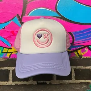 Happy Face Pastel Vibes Smiley Trucker Hat with Purple Heart Eye & Pink "X" Eye Embroidery Adjustable Snapback for Street Style