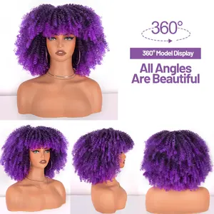 VITORISH Purple Hair Afro Curly Wig for Women 12 Inches Synthetic Afro Wigs Bouncy Full Machine Made Ombre Purple 12Inch Wig with Adjustable Buttons for Comfortable Wear