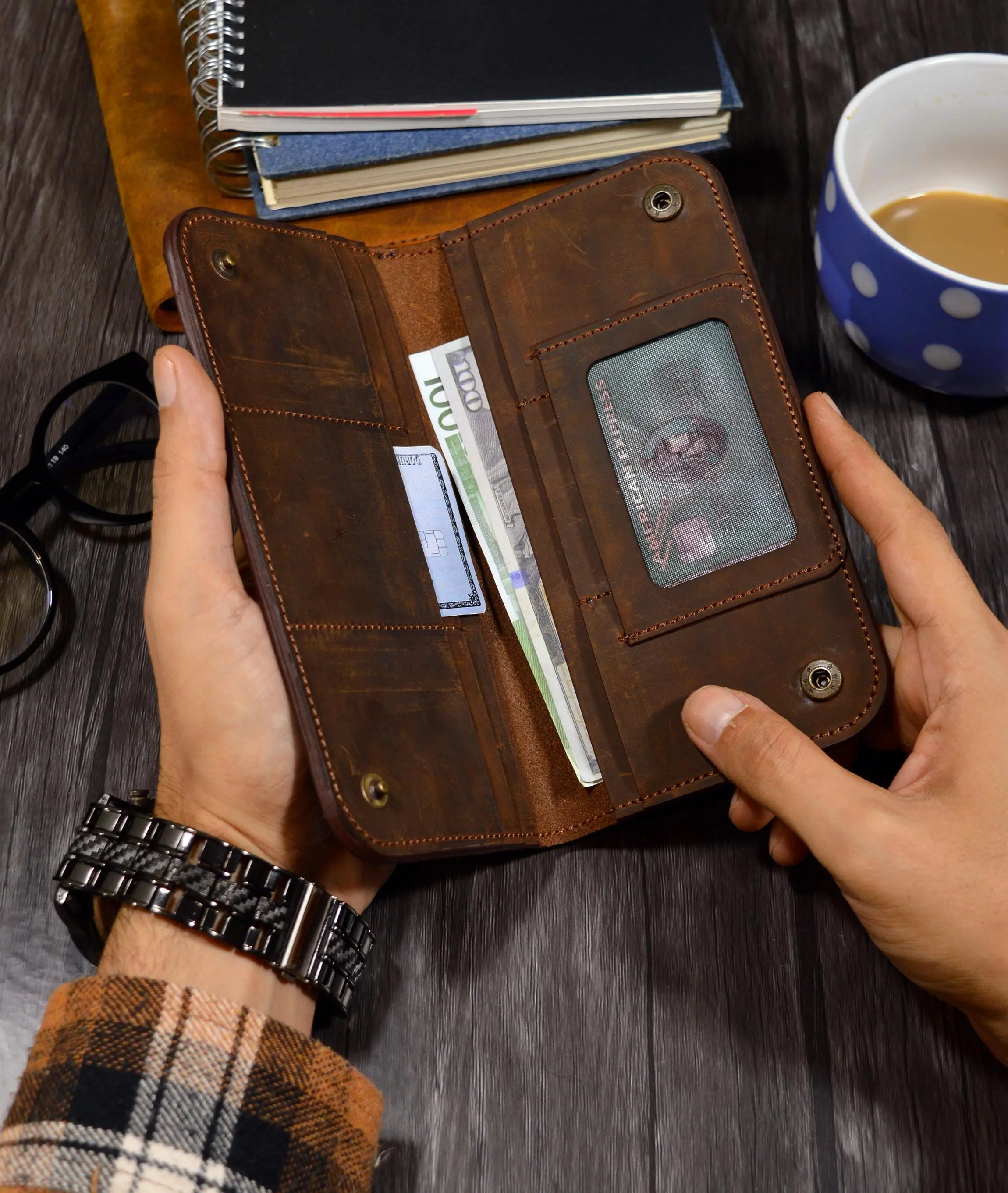 Personalized Leather Long Wallet, Engraved Tall Bifold Leather Card Holder Wallet Unisex
