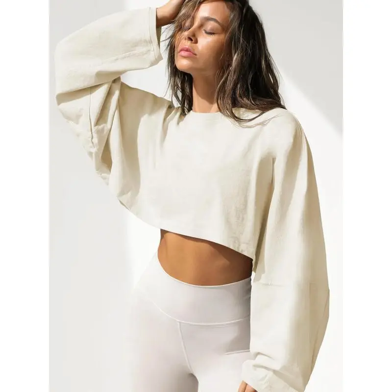 Women's Minimalist Oversize Viscose Plain Batwing-Sleeve Crop Sweatshirt - Basic Lady's Street Casual Drop-Shoulder Round-Neck Cropped Pullover for Fall Daily Wear