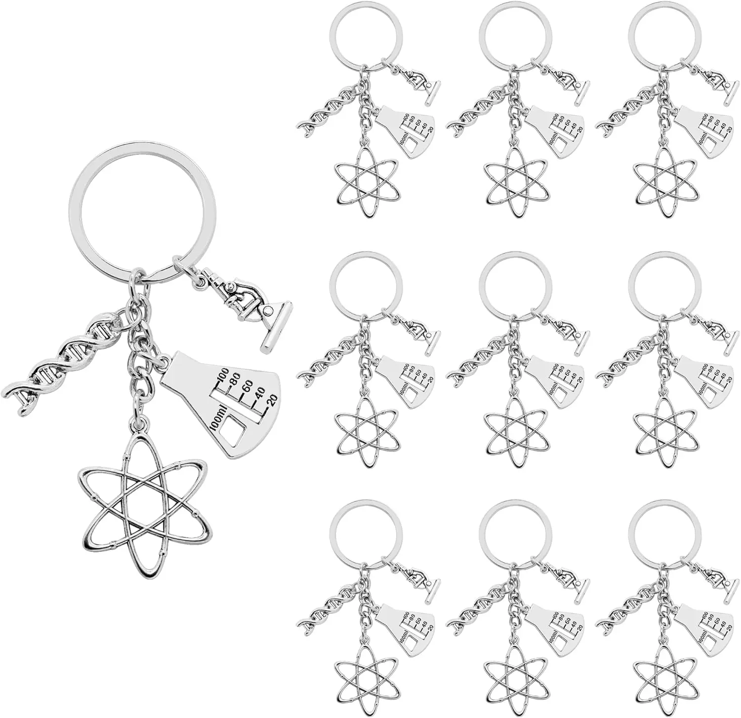 10Pcs Science Keychain Alloy DNA Double Helix Measuring Cup Microscope Molecular Structure Charm Keyrings for Biology Chemistry Teacher Gifts or Science Lovers