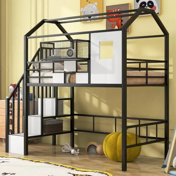 Bellemave Metal Loft Bed with Roof Design and Storage Box Twin Size Sturdy Frame Integrated Ladder Full-Length Guardrails Secure Slats