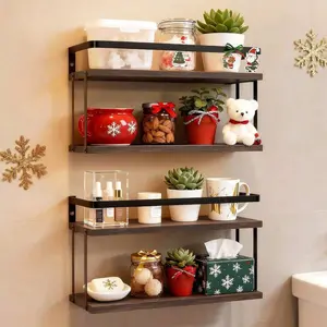 Black wall-mounted bathroom shelf with Christmas decorations, shelf above the toilet, vintage wooden hanging shelf, suitable for bedroom, kitchen, living room, and bathroom storage decoration