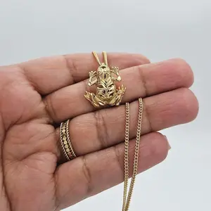 Gold Coqui Necklace, 14k Heavy Plated Gold, Small 3D Tropical Coqui Pendant, High Quality Necklace with 1mm Curb Chain