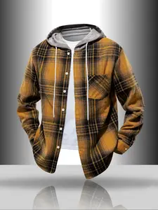 Men's Fashion Plaid Hooded Jacket, Casual Long Sleeve Shirt with Hat, Spring Autumn Winter Essential Outerwear, No Tee Inside