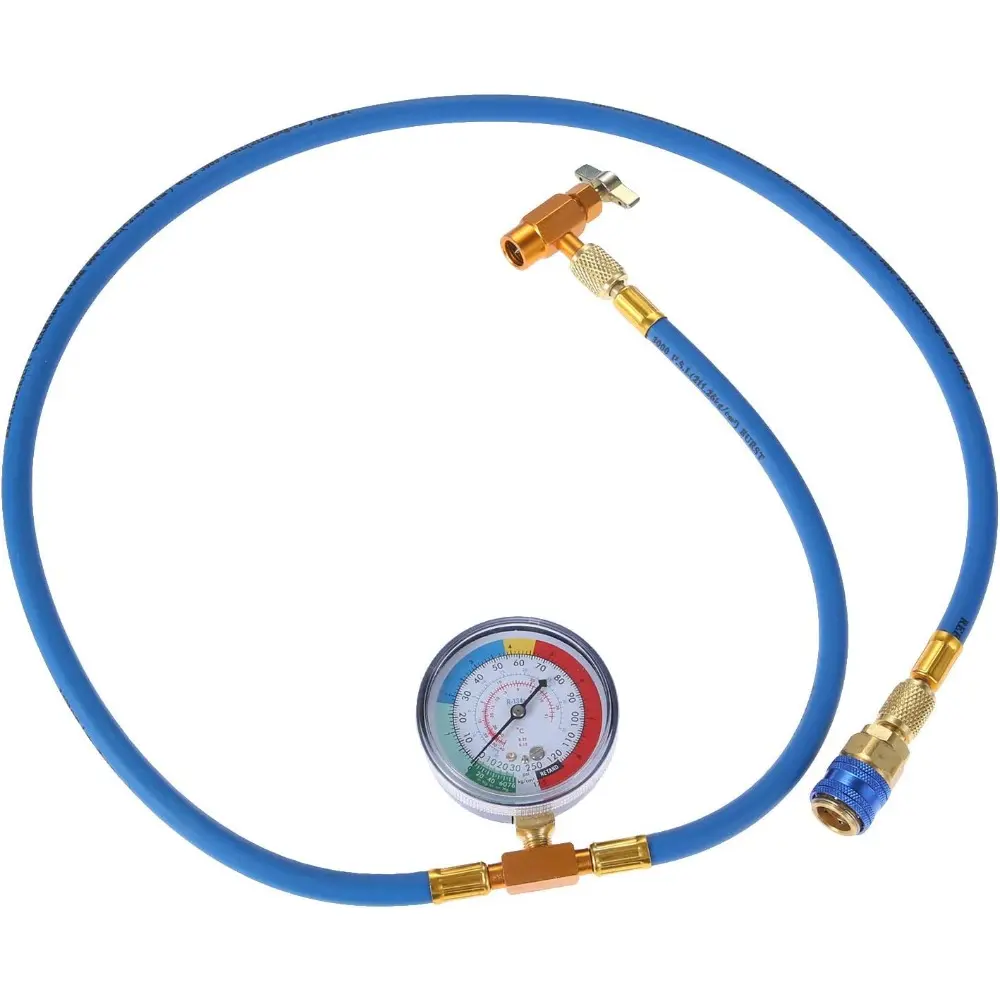 Car AC Refrigerant Charge Hose, AC Charge Hose with Gauge, Can Tap Valve, Quick Couple, Low Pressure Gauge and 59'' Recharge Hose For R134A