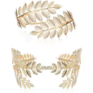 FINREZIO 2PCS Greek Goddess Headband Arm Cuff Bridal Jewelry Set Roman Laurel Leaf Branch Crown Armlet Upper Arm Band Bracelet Adjustable Daily