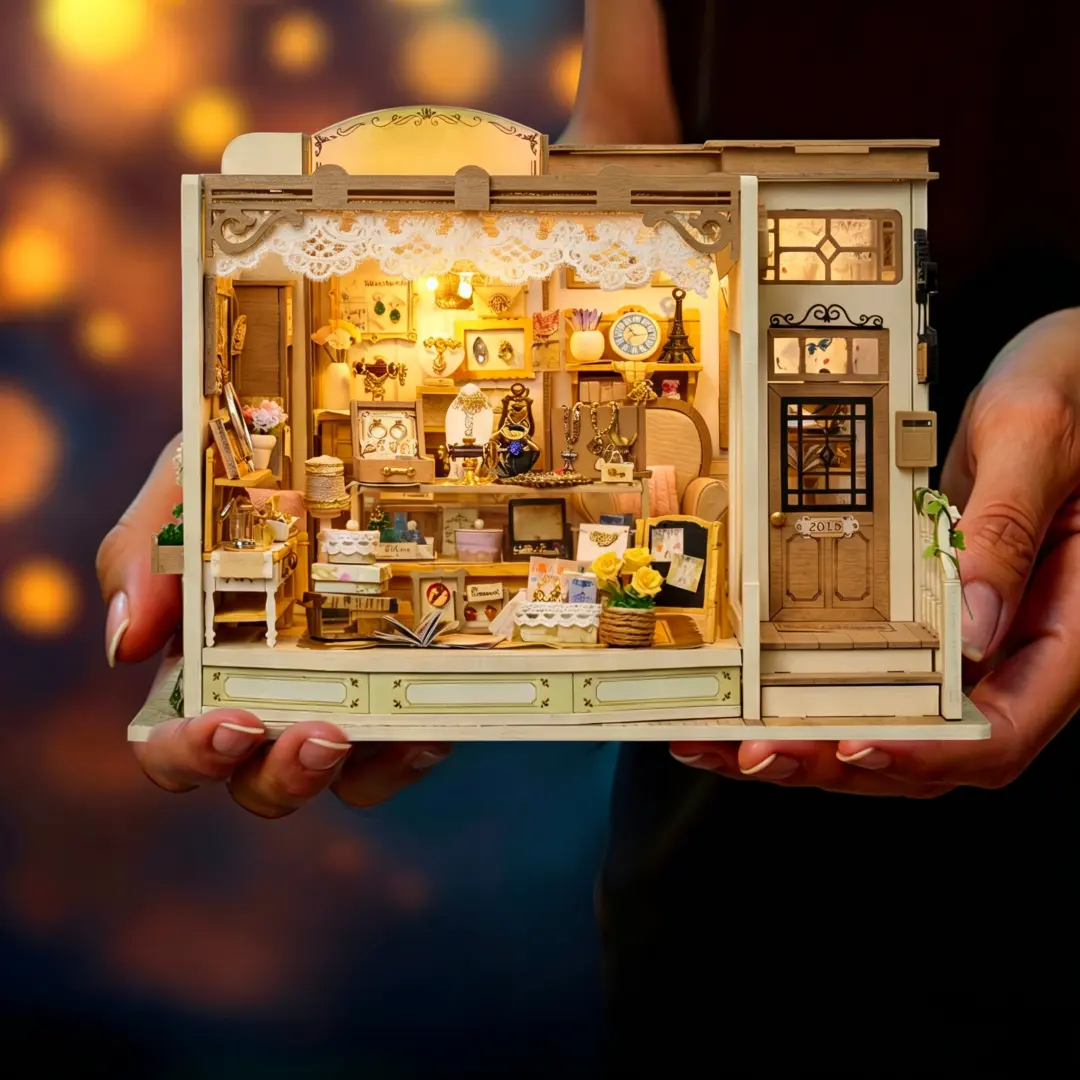 3D Wooden Puzzle Kit - Unisex DIY Parisian Vitrine Tale Book Nook Miniature Model, 428 Wooden Parts, Luminous LED Lights, Desktop Decoration, Thoughtful Gift for Craft Enthusiasts (Christmas, Valentine’s Day Collectible), Birthdays