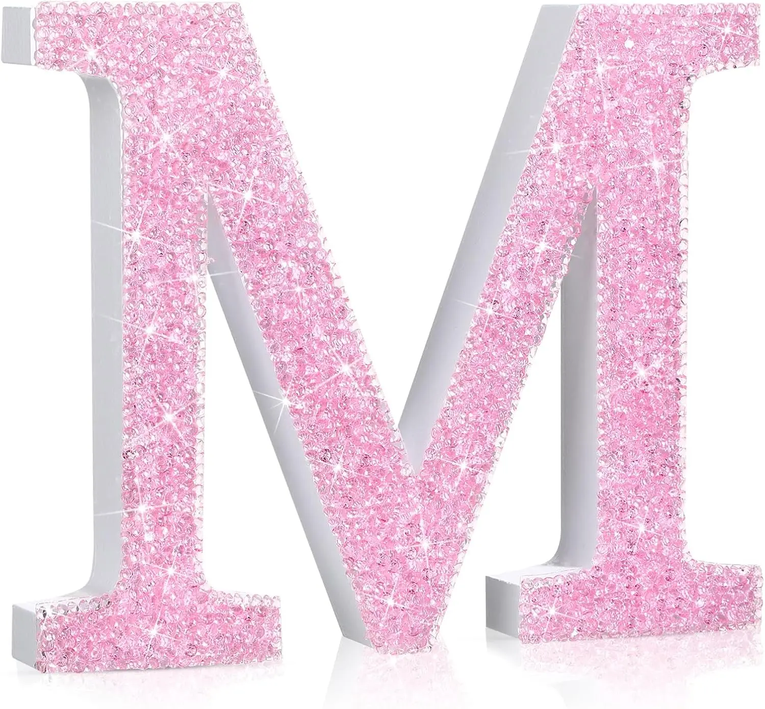 Pink Crystal Diamond Letter Wall Decor, Glitter Wooden Bling Letters with Screws & Hooks, Standing Letters for Bedroom Vanity Table Y2k Mcbling Birthday Party Decor(Letter M,5.7"l X 5.7"w)