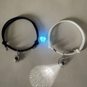 2pcs/Set Couple Grow In The Dark Sun & Moon Inlaid Projection Beads Magnetic Heart Charm Bracelet Gift relationship bracelets girlfriend magnet couple turquoise texture